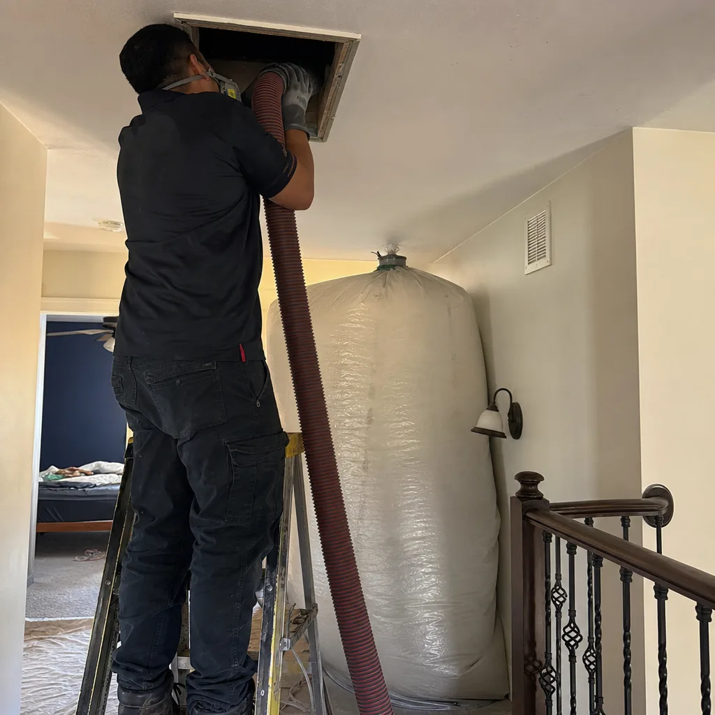 Technician using professional vacuum equipment to perform residential air duct cleaning