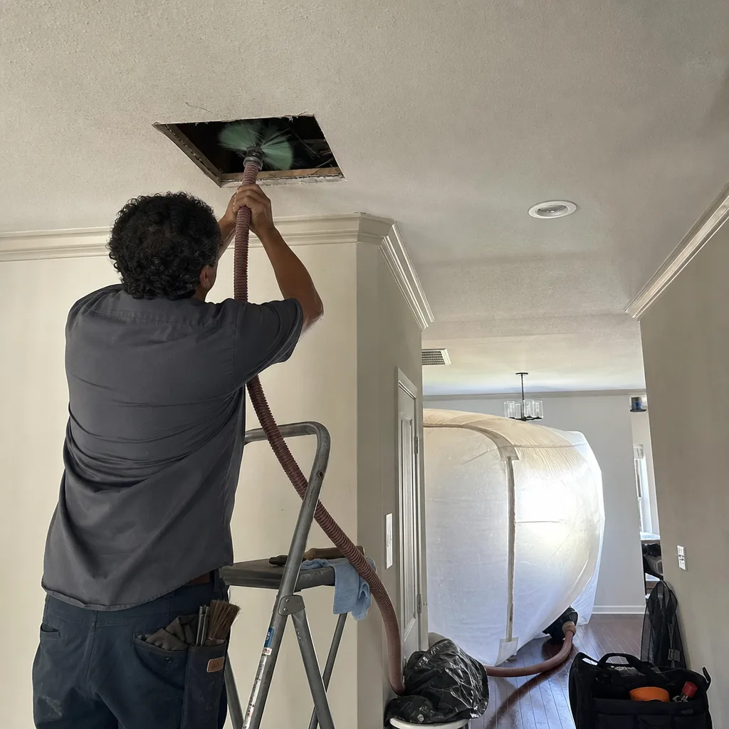 Technician performing professional residential air duct cleaning service with specialized equipment.