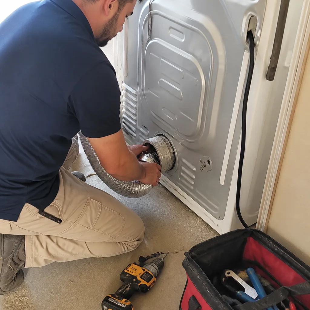 Technician performing professional dryer vent cleaning and exhaust hose installation