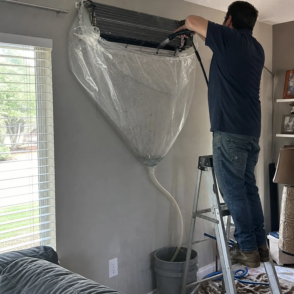 Technician cleaning wall-mounted indoor air conditioning unit with specialized equipment