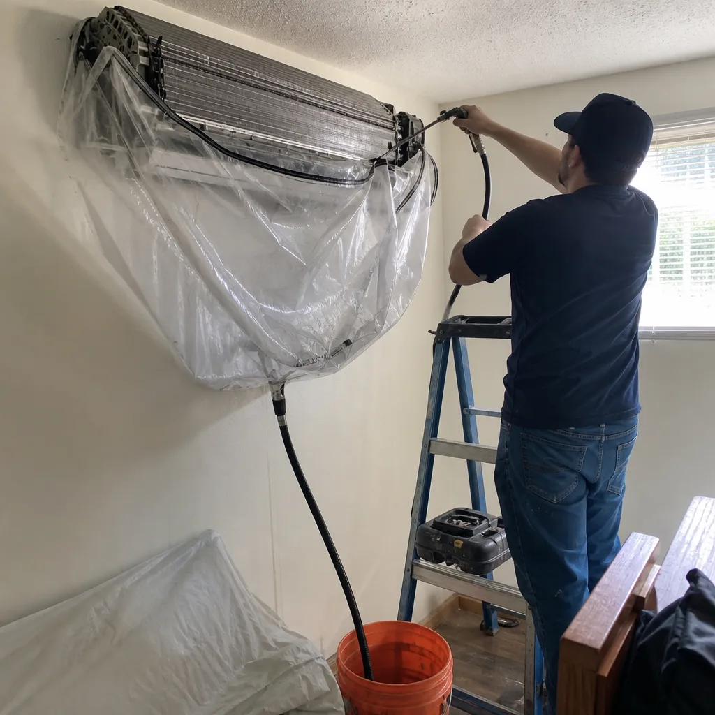 Technician performing professional ductless mini-split HVAC cleaning with protective equipment